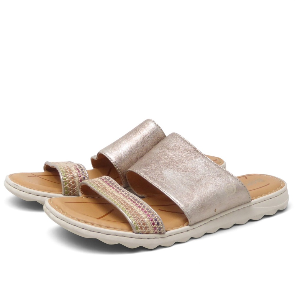 Born Shore Women Sandals Champagne Metallic Woven Slide 9M - Picture 2 of 9